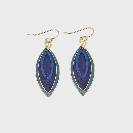 Brass Patina Earrings -Purple and Blue Layered Teardrop
